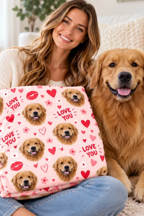 Woman holding a folded pet face minky blanket next to her golden retriever