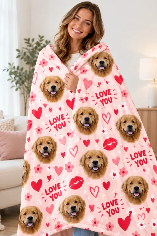 Woman wrapped in a pet face minky blanket printed with golden retriever faces