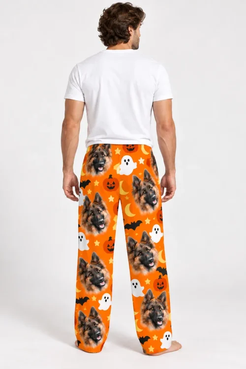 Back view of men's pet face pajama pants with the German shepherd Halloween print