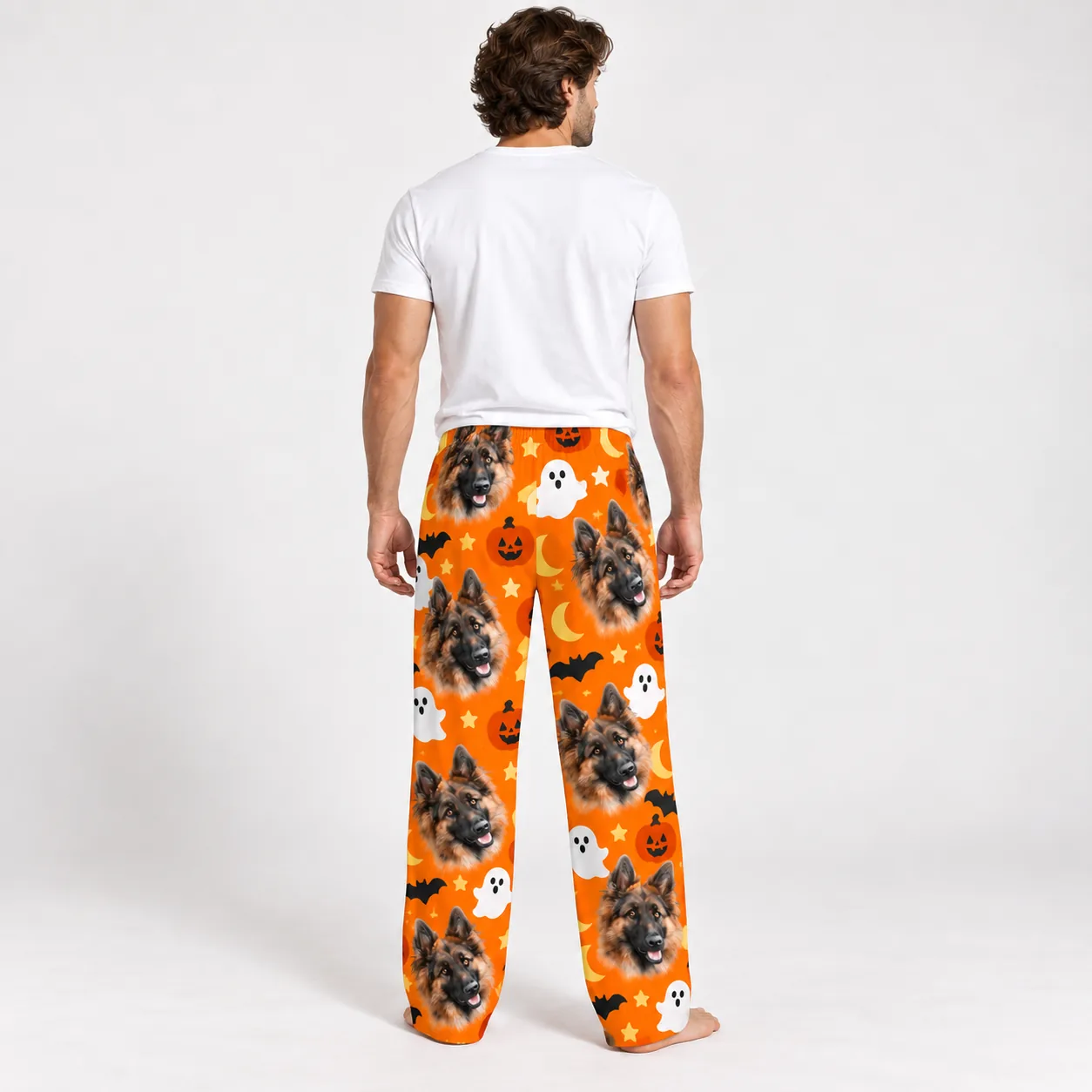Custom Pet Face Pajama Pants — back mens | GenzOutfit Back view of men's pet face pajama pants with the German shepherd Halloween print