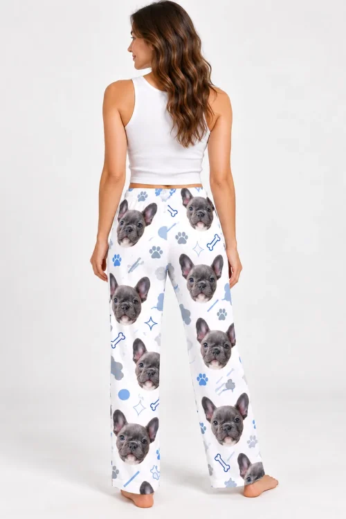 Back view of women's pet face pajama pants with French bulldog faces