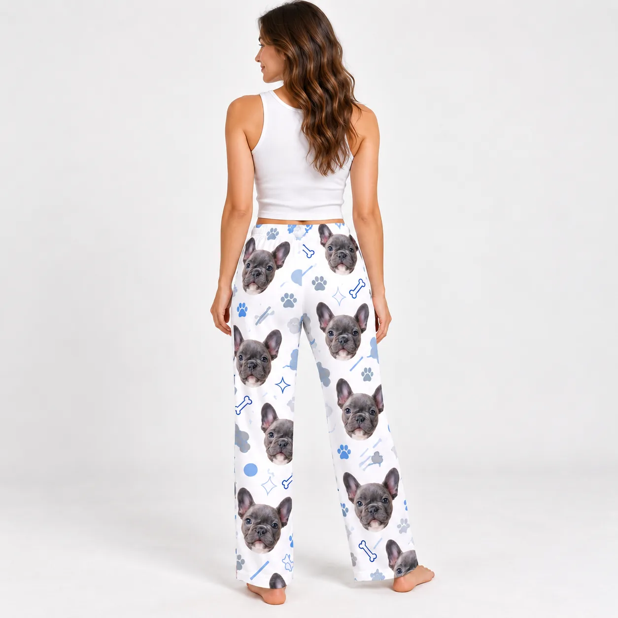 Custom Pet Face Pajama Pants — back womens | GenzOutfit Back view of women's pet face pajama pants with French bulldog faces
