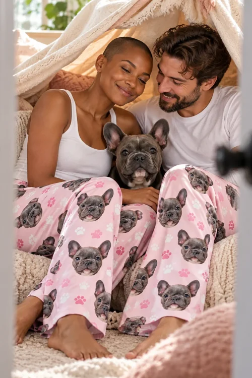 Couple in blush pink paw print French bulldog pajama pants cuddle their grey Frenchie inside a cozy blanket fort