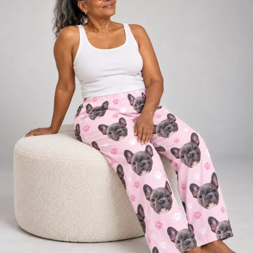 Women's Blush Pink Paw Print Pajama Pants with Your Pet's Face