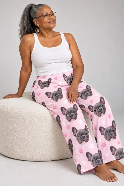 Women's Blush Pink Paw Print Pajama Pants with Your Pet's Face
