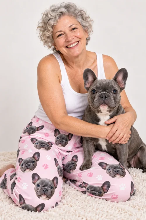 Smiling grey-curled woman hugs her grey French bulldog on a shaggy rug, wearing blush pink paw print pajama pants