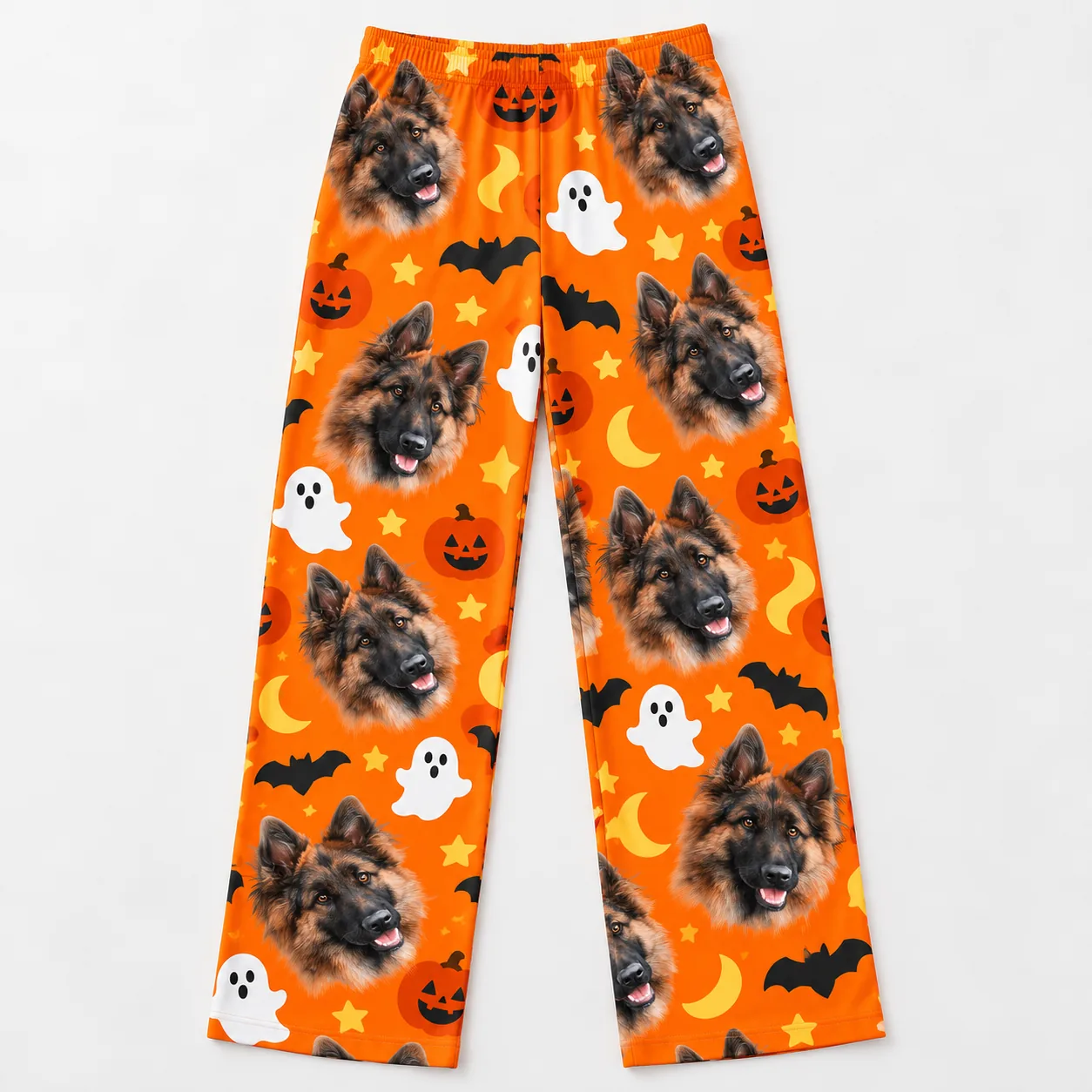 Custom Pet Face Pajama Pants — flat lay mens | GenzOutfit Men's pet face pajama pants laid flat: German shepherd faces, pumpkins, bats and moons