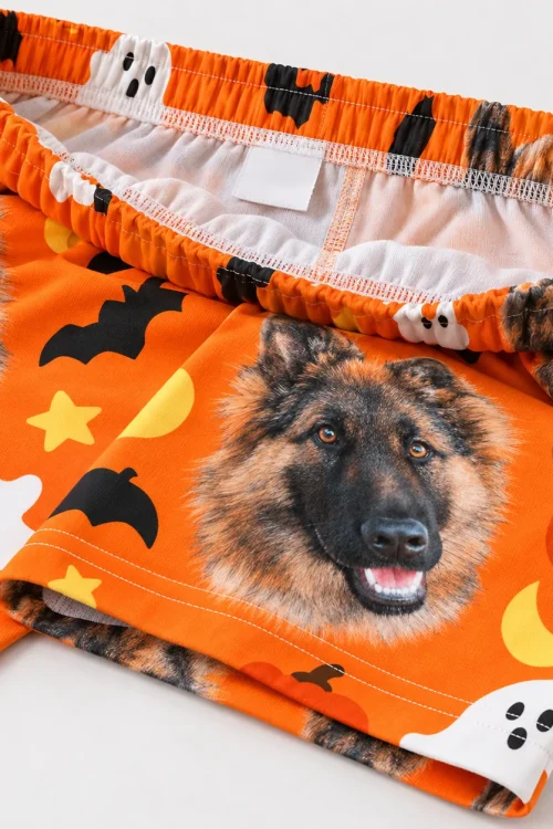 Inside of men's pet face pajama pants: elastic waistband and blank label