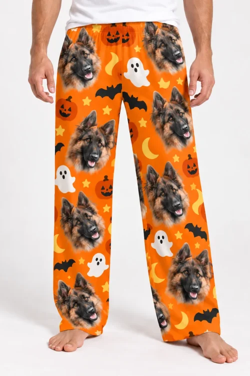 Front of men's pet face pajama pants from waist to feet, German shepherd faces