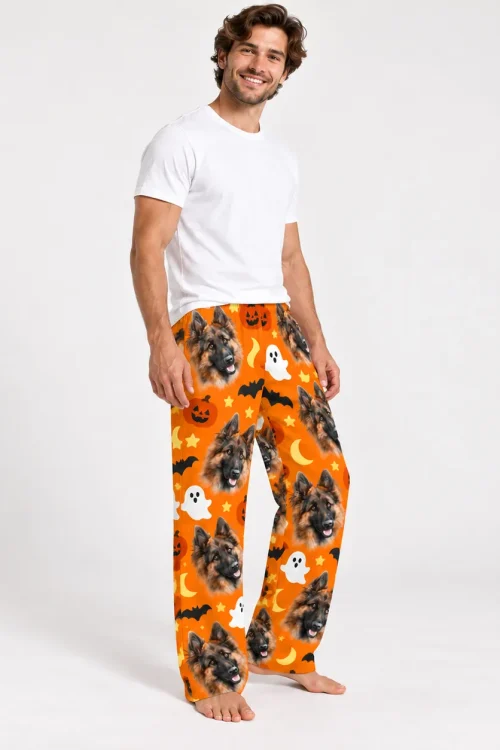 Men's pet face pajama pants, 3/4 view, German shepherd Halloween print