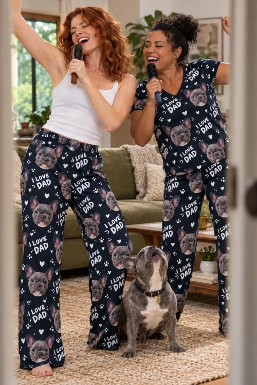 Two women singing into hairbrushes in navy I Love Dad French bulldog pajama pants as their grey Frenchie howls along
