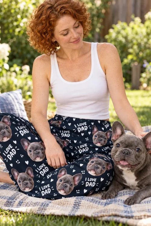 Smiling woman on a backyard picnic blanket in navy I Love Dad pajama pants, petting her grey French bulldog