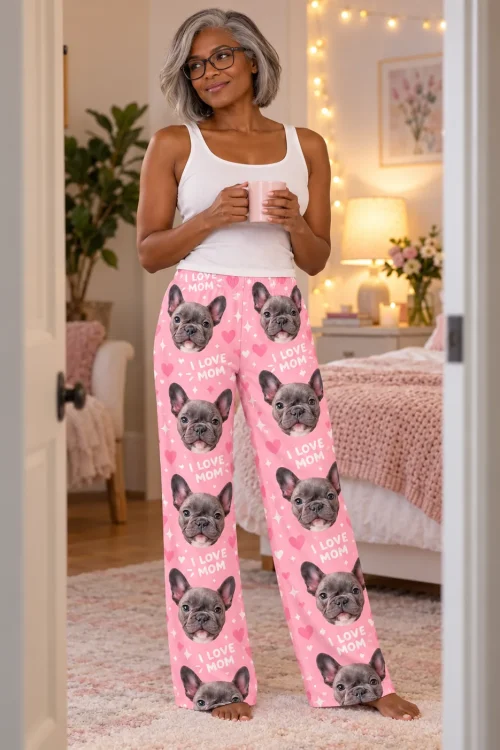 Grey-haired woman with a pink mug in a cozy bedroom doorway wearing pink I Love Mom French bulldog face pajama pants