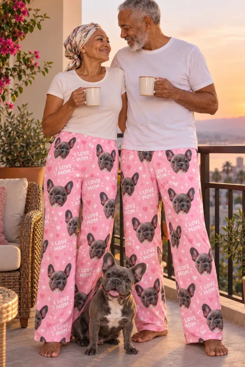 Couple with mugs on a sunset balcony in pink I Love Mom French bulldog pajama pants, their grey Frenchie at their feet