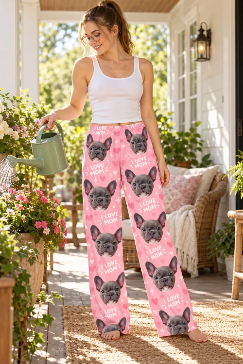 Woman watering flowers on a sunny porch in pink I Love Mom pajama pants printed with grey French bulldog faces