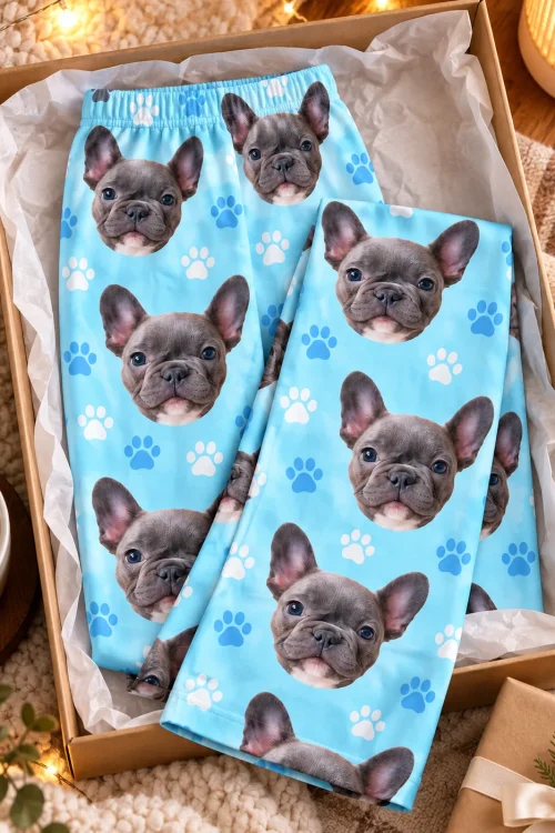 Light blue paw print pajama pants with French bulldog faces folded in a gift box beside cocoa and fairy lights