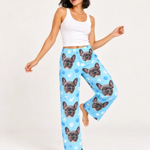 Women's Light Blue Paw Print Pajama Pants with Your Pet's Face