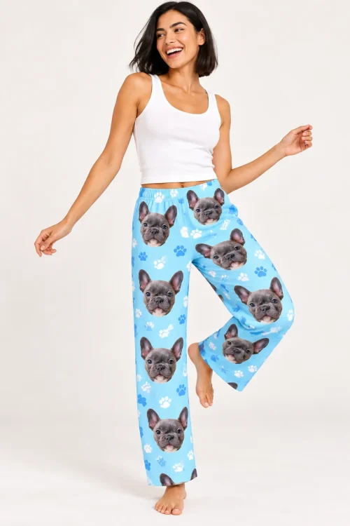 Women's Light Blue Paw Print Pajama Pants with Your Pet's Face