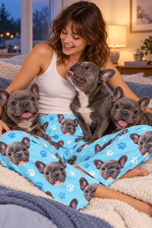 Smiling woman on a cozy bed with three grey French bulldogs, wearing light blue paw print pajama pants with their faces