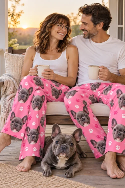 Couple with mugs on a porch swing at sunset in pink paw print French bulldog pajama pants, their grey Frenchie below