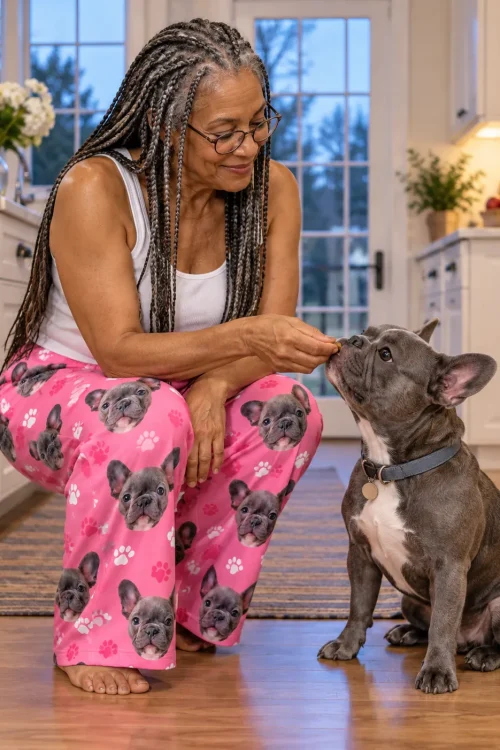 Woman with grey braids crouches in a kitchen giving a treat to her grey French bulldog, in pink paw print pajama pants