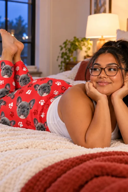 Woman in glasses lying on a cozy bed at dusk in red paw print pajama pants covered in grey French bulldog faces