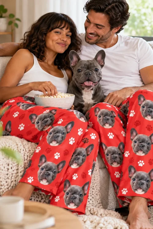 Couple sharing popcorn on a sofa in red paw print French bulldog pajama pants with their grey Frenchie between them