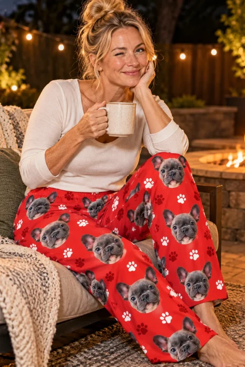 Winking woman with a mug by a backyard fire pit in red paw print pajama pants with a grey French bulldog print
