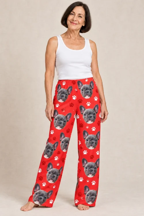 Women's Red Paw Print Pajama Pants with Your Pet's Face