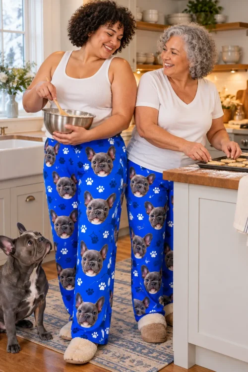 Two women baking in a kitchen in royal blue paw print French bulldog pajama pants as their grey Frenchie watches