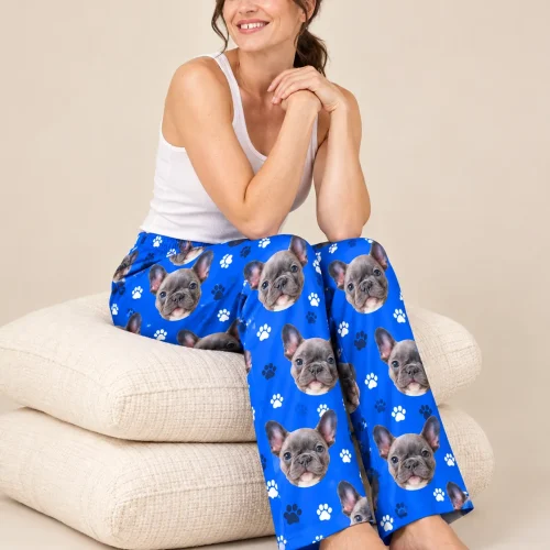 Women's Royal Blue Paw Print Pajama Pants with Your Pet's Face