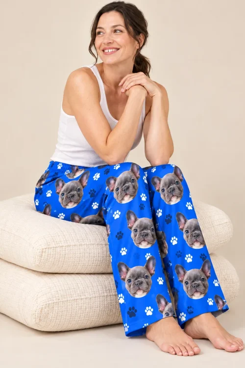 Women's Royal Blue Paw Print Pajama Pants with Your Pet's Face