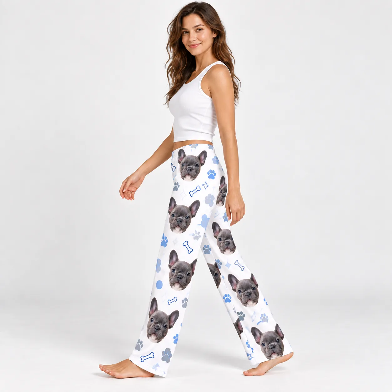 Custom Pet Face Pajama Pants — side womens | GenzOutfit Side view of women's pet face pajama pants mid-step, showing the relaxed leg