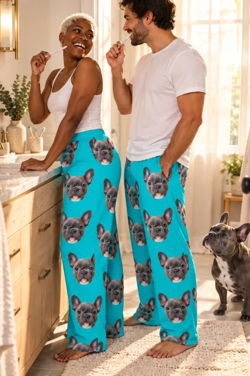Couple brushing teeth in teal French bulldog face pajama pants in a sunny bathroom as their grey Frenchie looks up