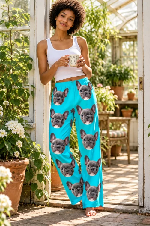 Woman holding a teacup in a sunlit greenhouse doorway, wearing teal pajama pants with a grey French bulldog print