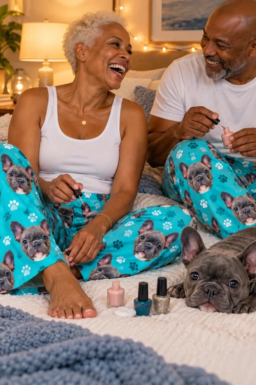 Laughing couple painting nails on a cozy bed in teal paw print French bulldog pajama pants, their grey Frenchie resting