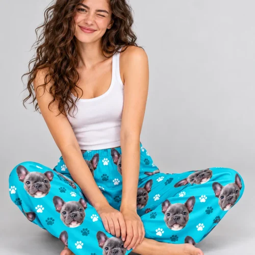 Women's Teal Paw Print Pajama Pants with Your Pet's Face