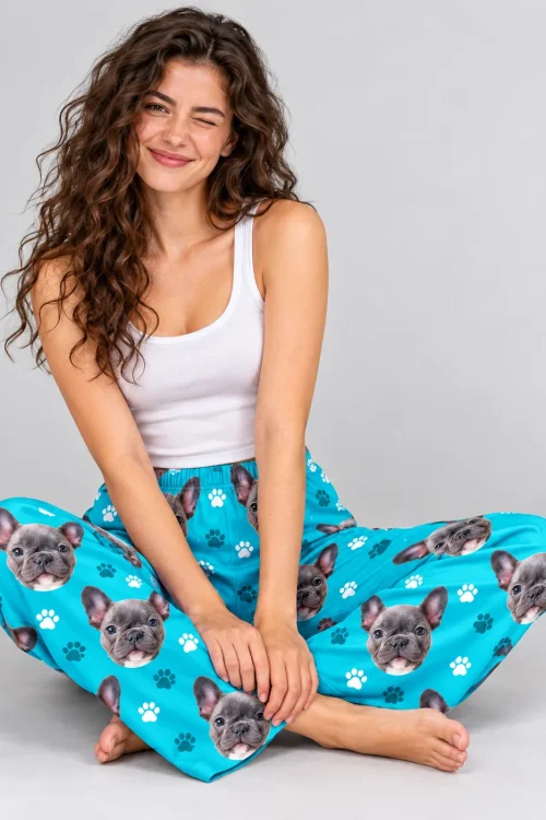 Women's Teal Paw Print Pajama Pants with Your Pet's Face