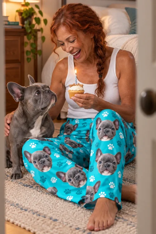 Woman with a red braid shows a birthday cupcake to her grey French bulldog, wearing teal paw print pajama pants