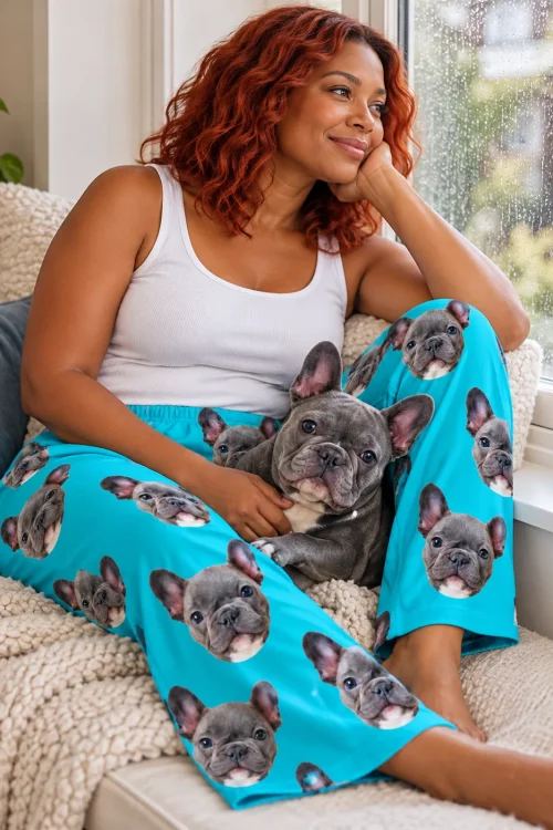 Woman with red curls in teal pajama pants sits by a rainy window cuddling her grey French bulldog on a cozy seat