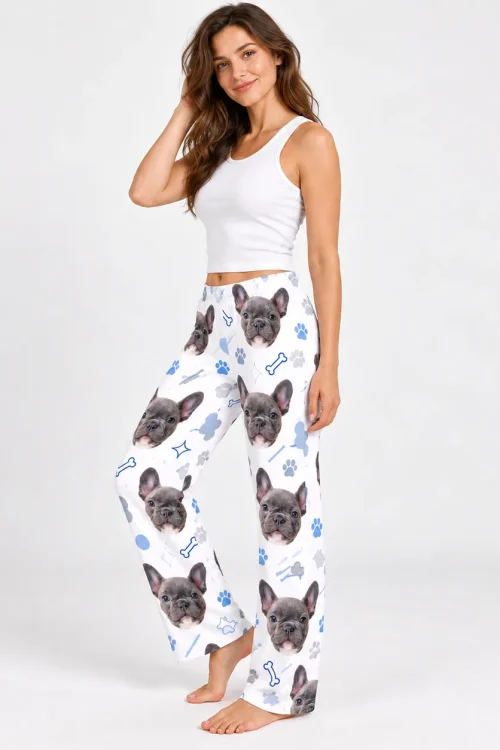 Women's pet face pajama pants, 3/4 view, French bulldog face print
