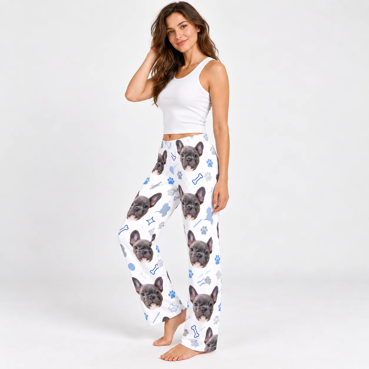Custom Pet Face Pajama Pants — three quarter womens | GenzOutfit Women's pet face pajama pants, 3/4 view, French bulldog face print