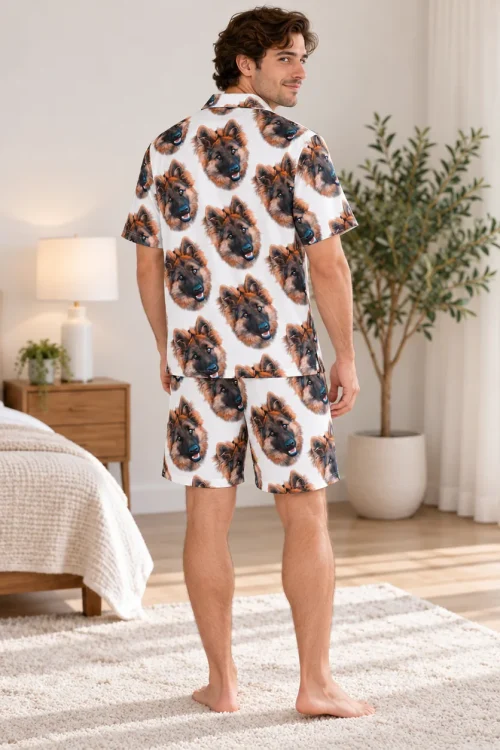 Back view of the men's pet face pajama set with German shepherd faces