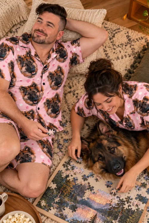 Couple doing a puzzle on a rug in blush pink paw print German shepherd pajama sets with their German shepherd