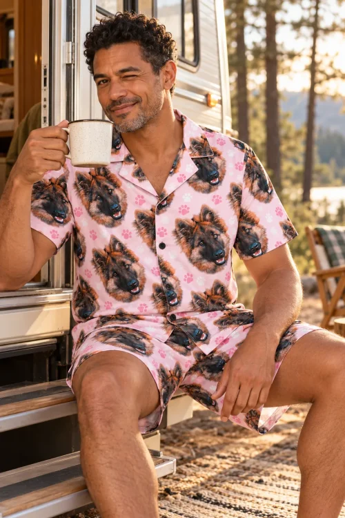 Winking man with a mug on camper steps by a lake in a blush pink paw print German shepherd face short pajama set