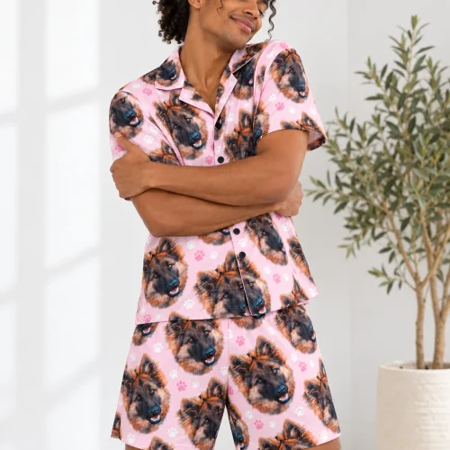 Men's Blush Pink Paw Print Pajama Set with Your Pet's Face