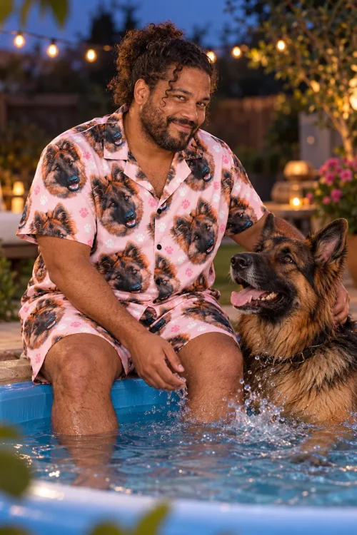 Man sits at a backyard pool at dusk with his German shepherd, wearing a blush pink paw print German shepherd pajama set