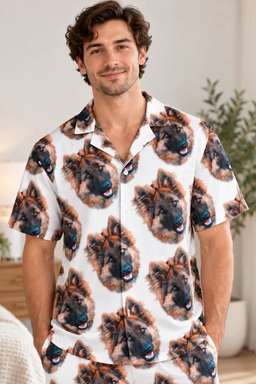 Close-up of the men's pet face pajama shirt: camp collar and German shepherd faces