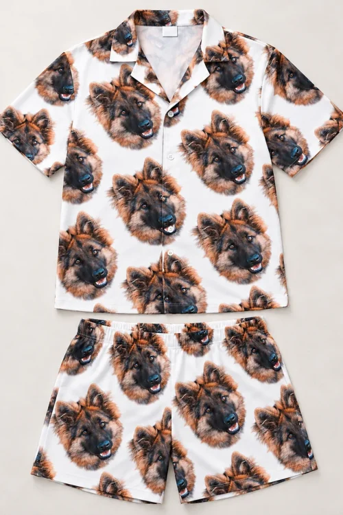 Pet face pajama set for men laid flat: camp collar shirt and shorts with German shepherd faces