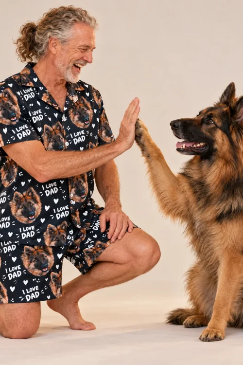 Laughing grey-haired man high-fives his German shepherd in a navy I Love Dad German shepherd pajama set, cream studio